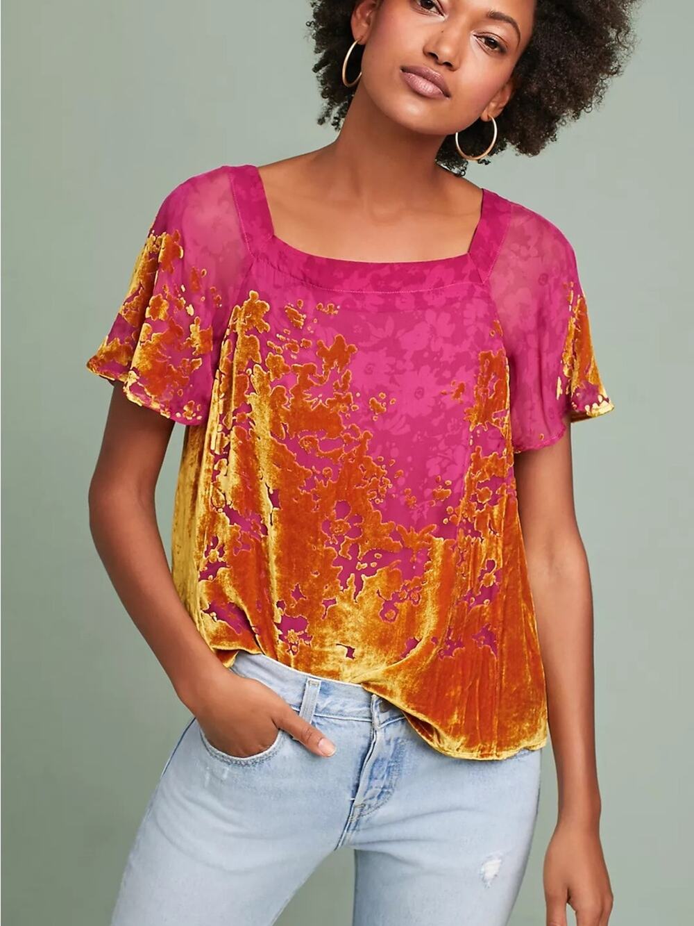 Maeve Anthropologie Velvet Burnout Top XS Pink Gold Silk Blend Floral Flutter